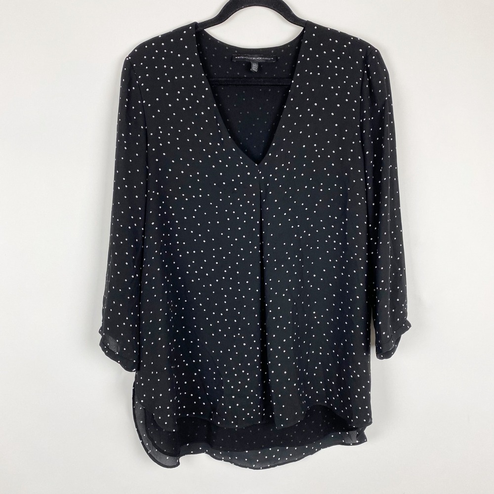 White House Black Market Black & White Polka Dot V-Neck Blouse